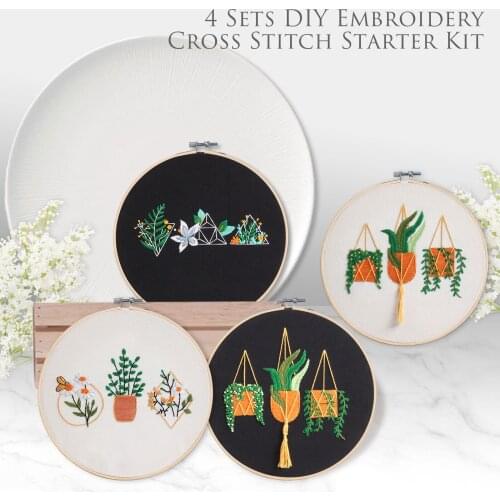 4 Sets DIY Embroidery Cross Stitch Starter Kit Including Embroidery Cloth Tools and Hoop for Adults Beginners Professionals