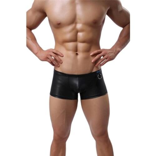 New Elastic PU Faux Leather Mens Boxer Shorts Fine Workmanship Fighter Soft Fad Low Waist U Convex Pouch Gay Wear Plus Size
