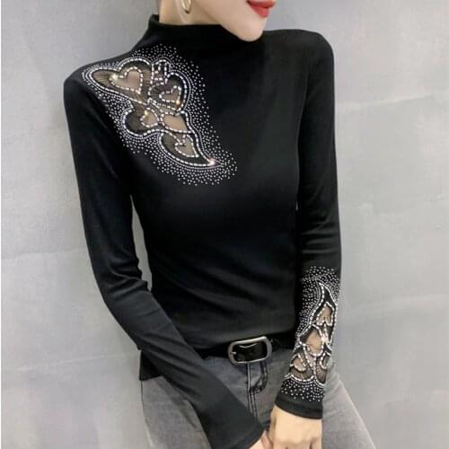 New 2020 Autumn long sleeve black t-shirt Fashion casual Hot drilling hollow out women tops and shirt turtleneck blusas