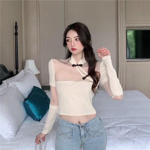 Chinese Style Clothing Women Fashion 2020 Asian Streetwear Long Sleeve Mesh Patchwork Cheongsam Top Slim Sexy Crop-Top 11396