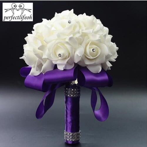 Perfectlifeoh Cheap Simple Rose Flowers Wedding Bridesmaid Bouquet 2016 Satin Crystal Bride Bouquet Buque De Noiva Artificial