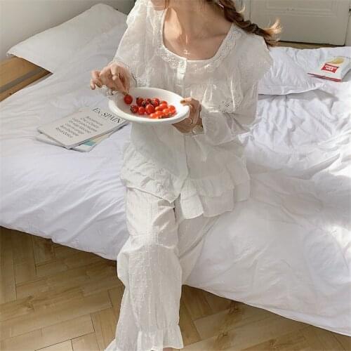 High Quality White Embroidery Lace Pajamas Set Korean Ruffles Polka Dot Long Sleeve Shirts Sleepwear Pants Pijamas Autumn Y139