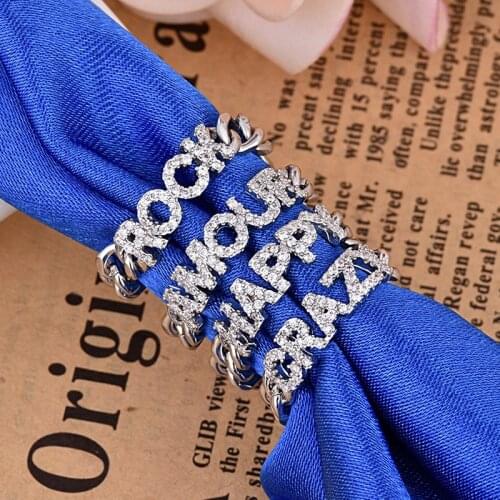 Luxury Female Rings Silver Color Bling Zircon Ring English Letter Simple Link Chain Ring For Women Anillos Mujer Zk30