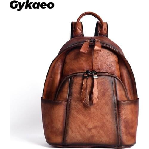 Gykaeo Ethnic Style Handmade Genuine Leather Women Backpack High Quality Vintage Small Backpack Ladies Cowhide Travel Back Pack