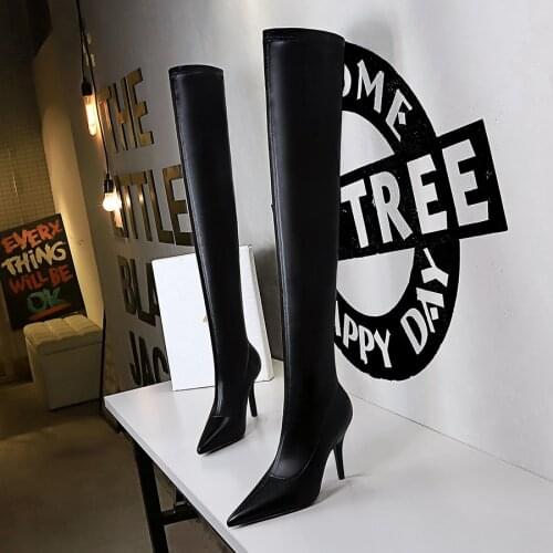 BIGTREE Black Elasticity Genuine Leather Pointed Slim Zipper Womens Over The Knee Boots Stiletto High Heels Womens Shoes