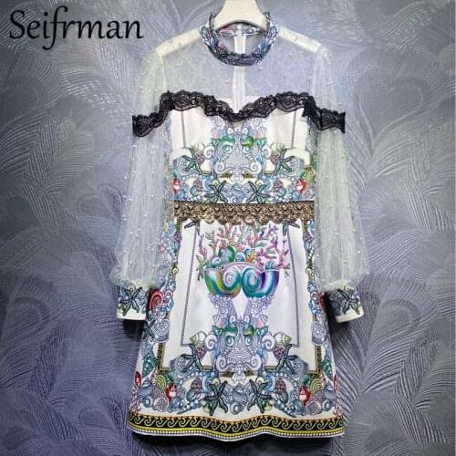 Seifrmann New 2021 Summer Women Fashion Designer Party A-Line Dress Ruffles Beading Crystal Beading Printed Ladies Midi Dress