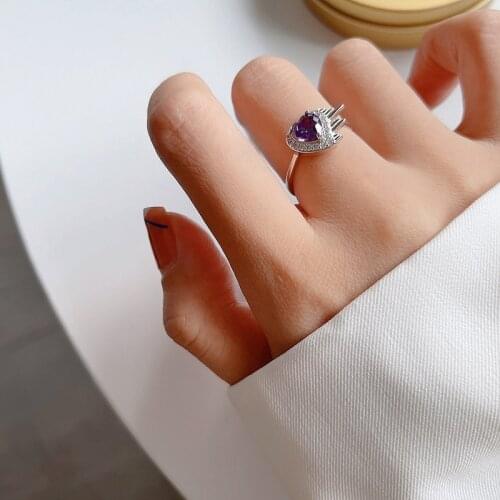 Silvology 925 Sterling Silver Purple Zircon Feather Heart Rings for Women Creative Luxury Korea Rings 2021 Designer Fine Jewelry