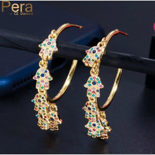Pera Unique Dangle Colorful Palms Shape Cubic Zirconia Yellow Gold Women Big Circle Round Hoop Earrings with Charm Jewelry E688