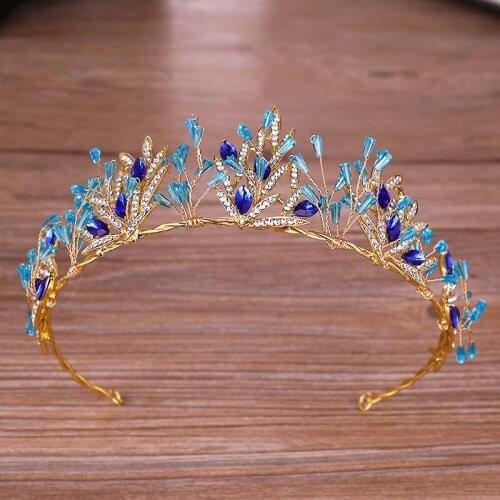 Gold Leaf Blue Rhinestone Crystal Tiaras and Crown Hair Ornaments Headdress Bride Diadem Hair Jewelry for Wedding/Engagement SL