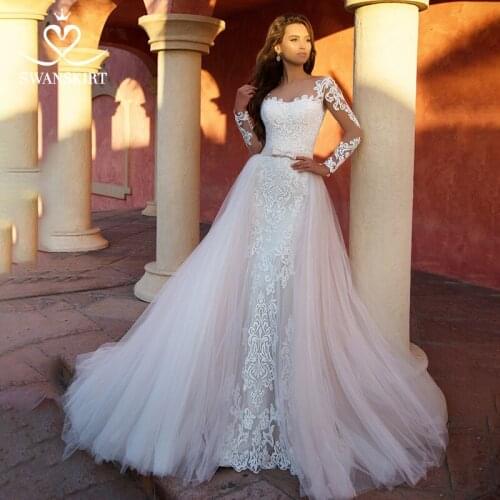 Detachable Train 2 In 1 Wedding Dress 2021 Appliques Long Sleeve Mermaid Bridal Gown Princess SwanSarah K118 Vestido De Noiva