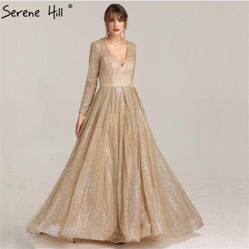 2020 Gold Glitter Long Sleeve Evening Dresses Two Design A-line Party Gowns Longo Real Picture Serene Hill BLA6236