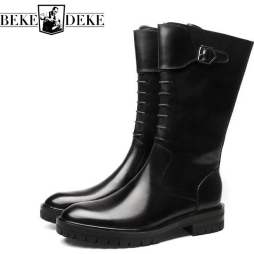 Vintage Mens Black Genuine Leather Chelsea Boots Pointed Toe Knee High Rubber Sole Natural Cowhide Thick Bottom High Boots
