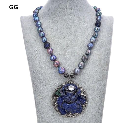 GuaiGuai Jewelry Natural Black Baroque Keshi Pearl Necklace Big CZ Pave Flower Pendant For Women