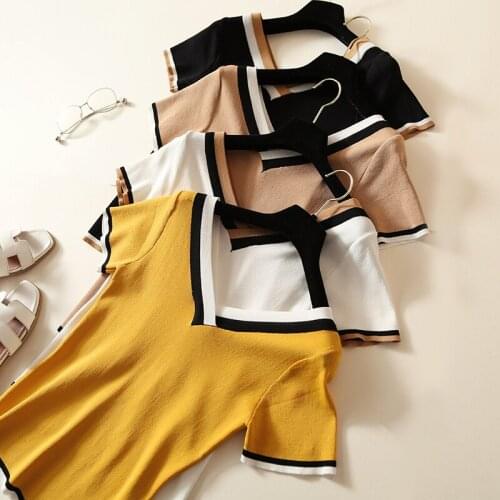 2021 Summer Top V-Neck T Shirt Women Tshirt Contrast Color Striped Knitted T-Shirt Woman Clothes Tee Shirt Femme Camisetas Mujer