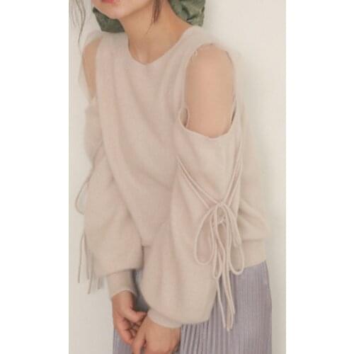 Sexy Shoulder Strapless Drawstring Knit Sweater Women O Neck Long Sleeve Solid Femme Pullover Spring 2021 New All Match Tops
