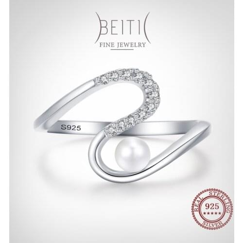 Beitil Clear Zircon Irregular Geometric 925 Sterling Silver Pearl Finger Ring For Women Classic Wedding Statement Jewelry