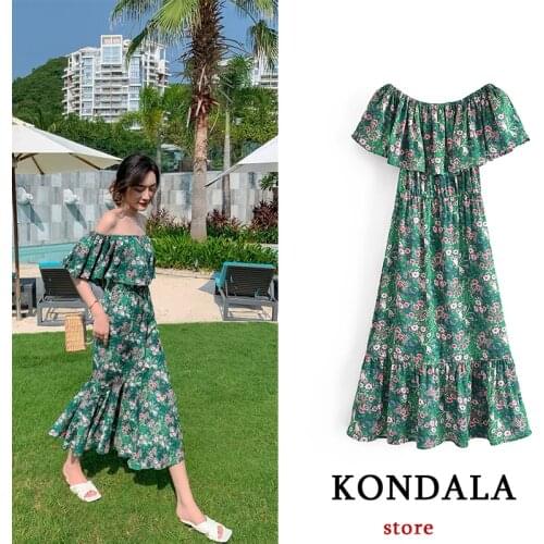 KONDALA Za Vintage Summer Dress Women Slash Neck Weaving Flower Print Ruffle Cami Maxi Dress Fashion 2021 Chic Mujer Vestidos