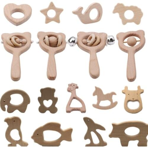 Baby Toys Wooden Rattle Beech Bear Hand Teething Wooden Ring Can Chew Beads Baby Rattles Play Gym Montessori Stroller Toys