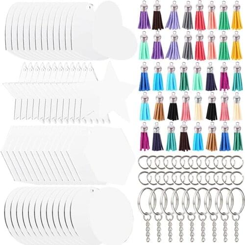 160Pcs Acrylic Keychain Blanks Tassels Set - Acrylic Key Ornament Blank with Key Rings for DIY Keychain Vinyl Crafting