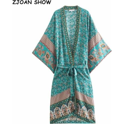 2021 BOHO Locate Floral Print Long Kimono Shirt Hippie Women Bandage Tie Bow Sashes Cardigan Loose Blouse Tops Holiday