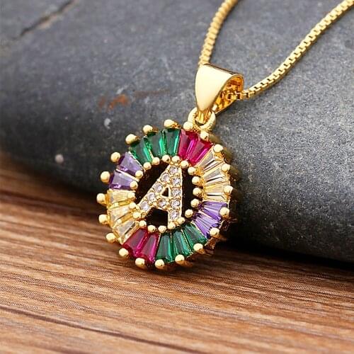 26PCS/Lot A-Z Female Round Copper CZ Rainbow Letter Necklaces Pendants Charm Gold Chain Choker Necklaces For Women Jewelry