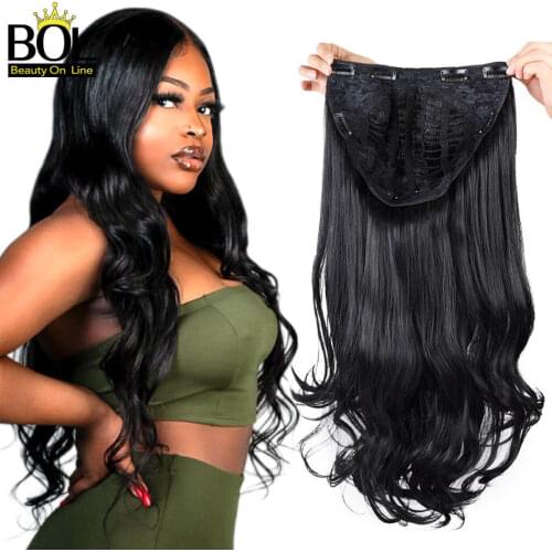 Long Wavy 3/4 Ladies Synthetic Half Wigs Clip in Hair Extensions 24 Inches Natural Black Wigs with Combs on a Mesh Head Cap