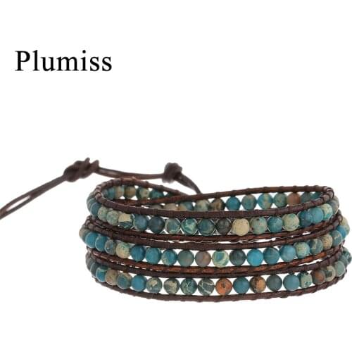 4mm Agalmatolite Beads Leather Wrap Bracelets for Women Exclusive Natural Stone Handmade Braided Bracelet Bohemian Jewelry