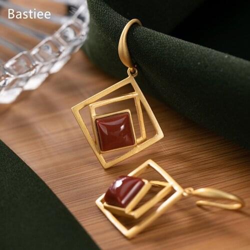 Bastiee 925 Sterling Silver Magnolia Flower Red Agate Golden Plated Korean Earrings Dangle Earrings Vintage