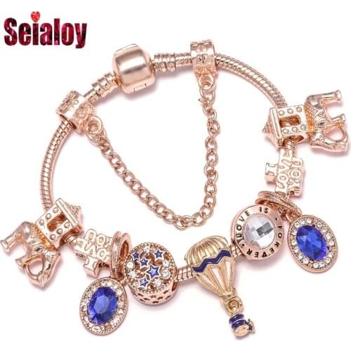 Rose Gold Bracelets For Women Girls Couple Blue Crystal Hot Air Balloon Charm Star Aristocratic Elephant Beads Bracelet Bangle