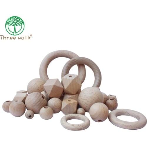 Mixed Design Size DIY Beech Wooden Beads Teether Chewable Wood Tiny Rod Wood Ring Teething Beads
