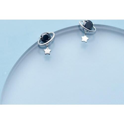 COLUSIWEI 100% Real 925 Sterling Silver Black CZ Planet Stud Earring for Women Fashion Small Star Earring Fashion Jewelry Bijoux