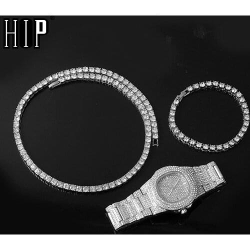 Hip Hop Mens Iced Out Necklaces + Watch+Bracelet Rhinestone Choker Bling Crystal Tennis Chain Necklace For Men Jewelry