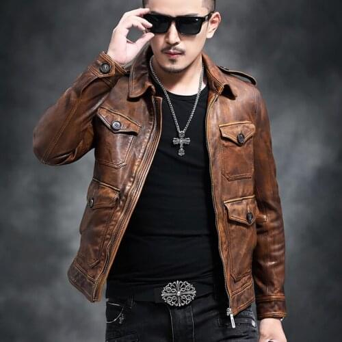 Genuine Leather Jacket Men Real Sheepskin Coat Vintage Slim Fit Short Autumn Motorcycle Men Leather Jackets YC-55 KJ3216
