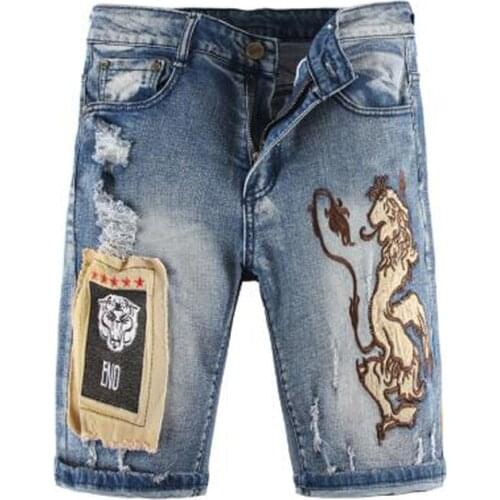 New Mens male fashion casual knee length lion embroidery patches shorts Plus size patchwork holes blue ripped denim jeans