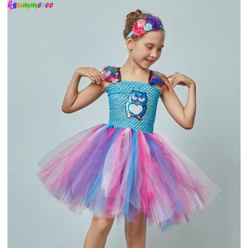 Night Owl Bird Animal Halloween Fancy Tutu Dress Knee-Length Kids Birthday Party Princess Dresses Girls Cosplay Perform Costume
