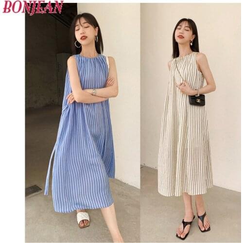 Summer 2021 New Striped Dress Female Niche French Sleeveless Long Skirt Japanese Style Simple