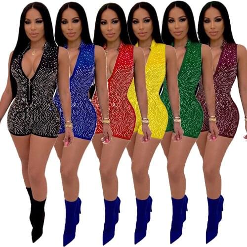 Sexy Jumpsuit Women Fashion Sleeveless Nightclub Outfit Cotton Clothing Ladies High waist Skinny Summer Streetwear Red Rhineston