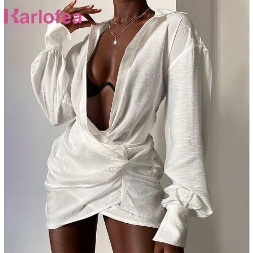 Karlofea Female Summer Cotton Linen Dress Beach Vacation Cover Sexy Deep V Neck Irregular Shirts Dress Lazy Style Casual Dresses