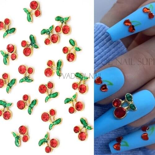 20pcs Nail Charms Cherry Alloy 3D Red Nails Rhinestones Crystal Cherries Leaves Press On Tips Acrylic Jewelry Accessories