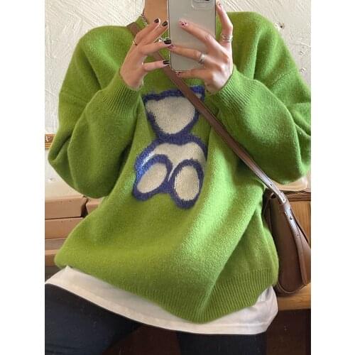 Autumn And Winter Lazy Wind Green Sweater Womens New Cartoon Loose Pullover Knitted Top