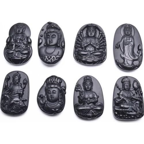 Carved Guanyin Buddha Black Pendant Natural Obsidian Stone Pendants Gemstone DIY Necklace for Woman Jewelry Making Supplies