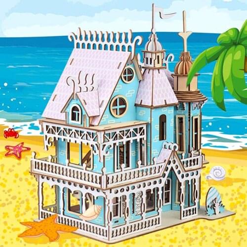 DIY Assembly Wooden Puzzle 3D Dream Villa Castle Model Educational Kids Toy