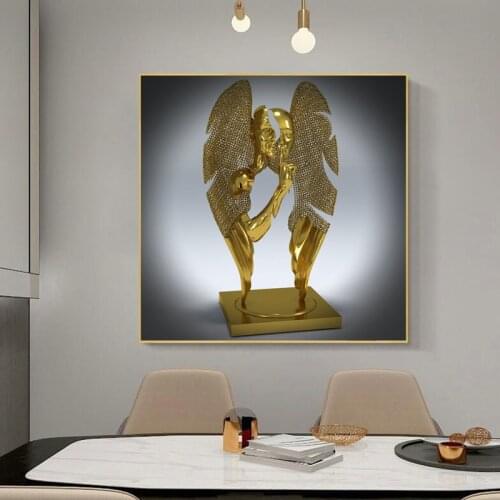 Modern Metal Figure Statue Canvas Painting Wall Art Posters and Prints Gold Sculpture Wall Picture for Living Room Home Decor