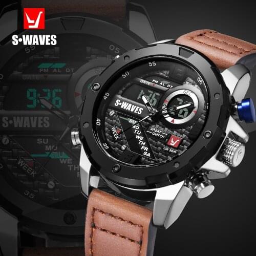 SWAVES Brand Dual Display Watch Waches Water Resistant LCD Digital Wristwatches Leather Band Quartz Men Clock Relogio Masculino