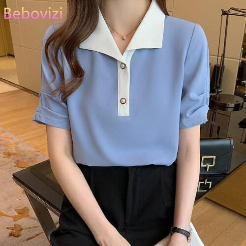 S-XXL 2021 Fashion Polo-Neck Summer Casual Blue Short Sleeve Women Tops and Blouse Office Lady Work Clothes