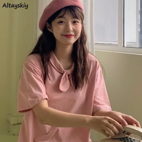 T-shirt Women Bow 6 Colors Student Minimalist Female Casual All-match Tops Loose Korean Style Cute Cozy Harajuku Summer New Ins