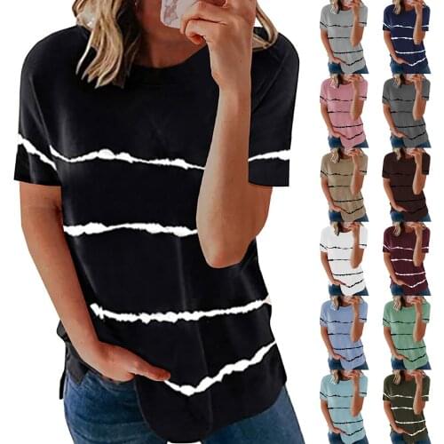 2021 Womens Clothing Spring and Summer New Fashion Womens Tie-dye Printed Striped Loose Short-sleeved T-shirt Plus Size
