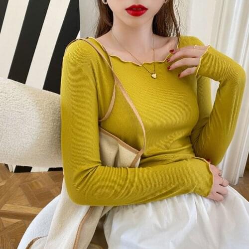 Womens Self-cultivation Korean Version With A Bottoming Shirt Solid Color Fungus Side Top Autumn Pullover Long-sleeved T-shirt