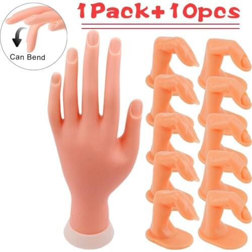 1pcs Professional Practice Model Hand +5/10pcs Fake Nail Art Acrylic UV Gel Hand Finger Training Adjustable Manicure Nail Art