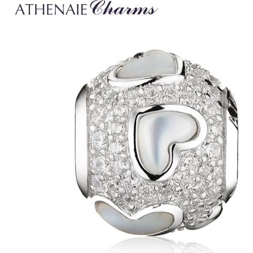ATHENAIE 925 Sterling Silver Mother of Pearl and CZ Luminous Hearts Charms Bead fit Charm Bracelet Valentine Day Gift
